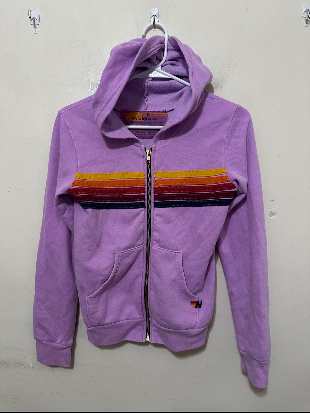 Aviator Nation Kids Size 12 Purple Rainbow Stripe Full Zip Hoodie Made in USA - Picture 2 of 14